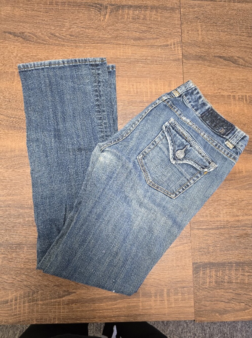 Rock & Roll Cowgirl Womens Jeans 31x34 Bootcut Flare Studded Flap Pocket Western
